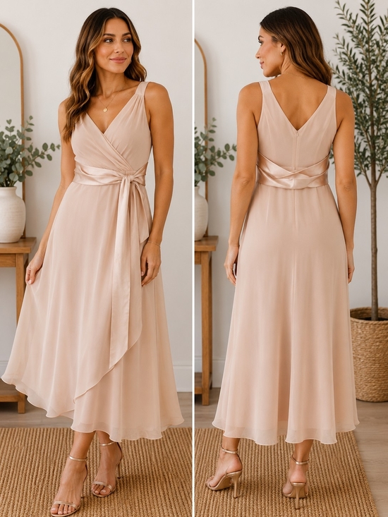 Evan Picone Dresses & Skirts - Evan Picone Blush Cream Wrap Satin-Sash Midi Dress